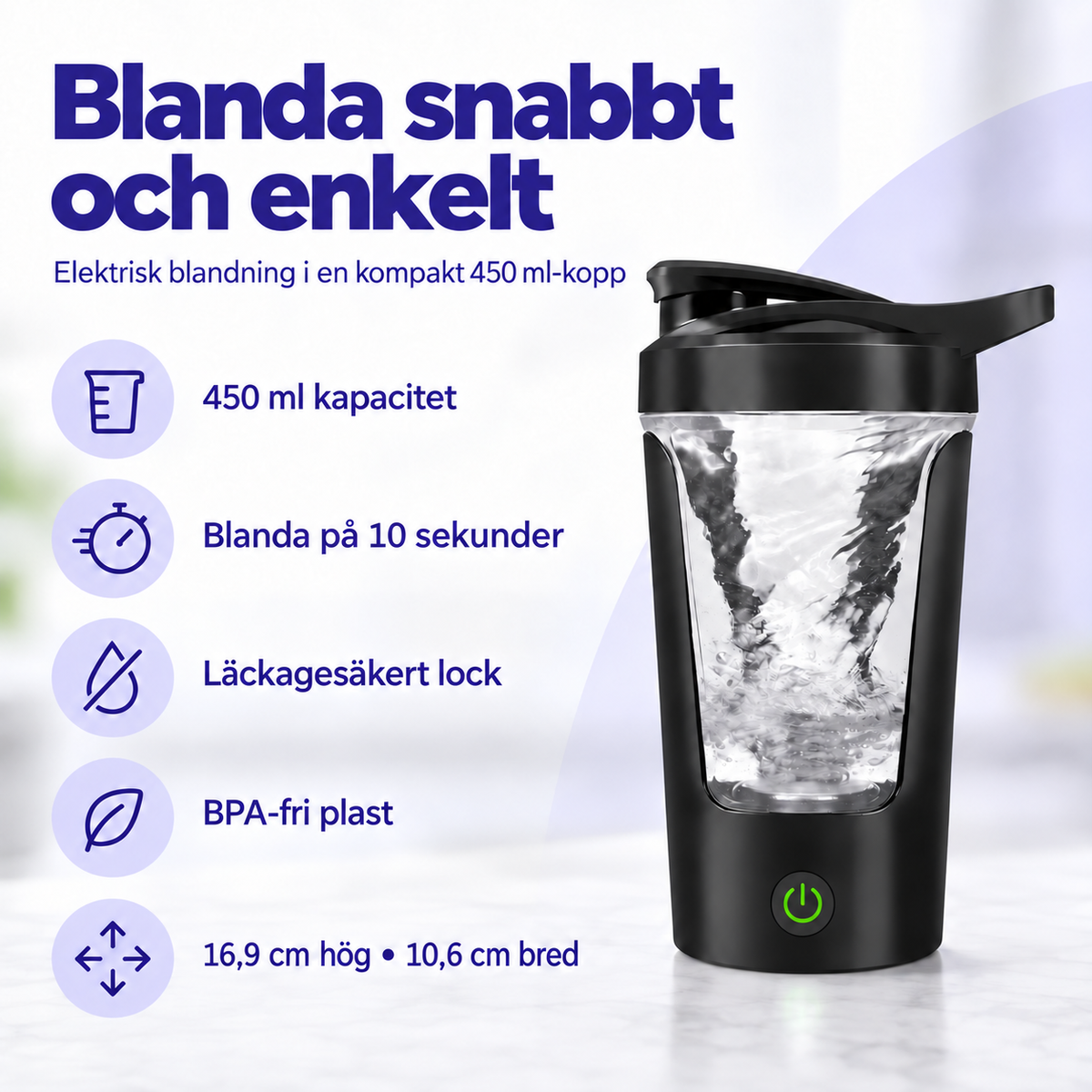 Svart elektrisk proteinshaker med 450 ml kapacitet, 16,9 cm hög och 10,6 cm bred