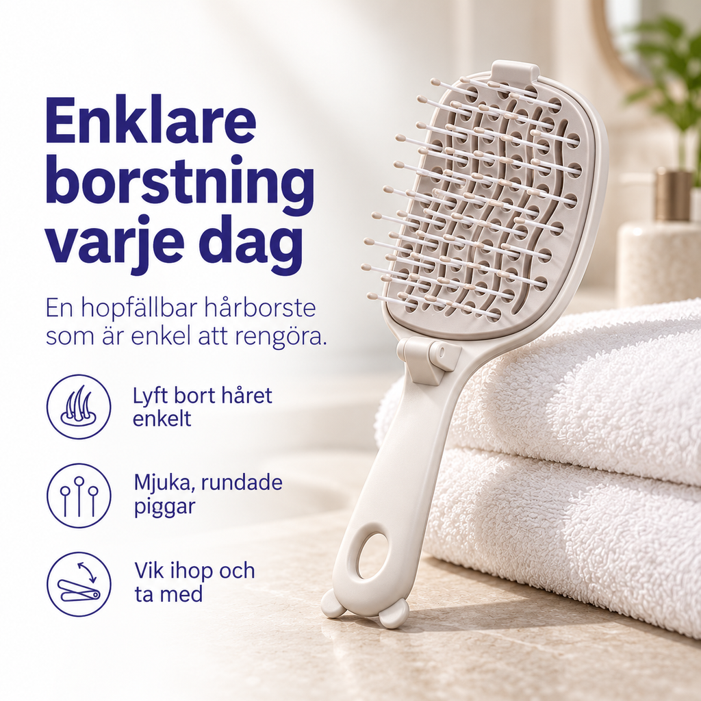Infografik om hopfällbar hårborste med mjuka rundade piggar på handdukar