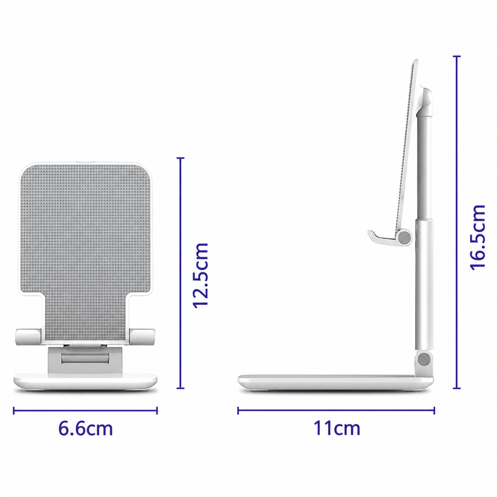 Infografik med mått: 16,5 cm högt, 11 cm bas och stödyta på 6,6 × 12,5 cm