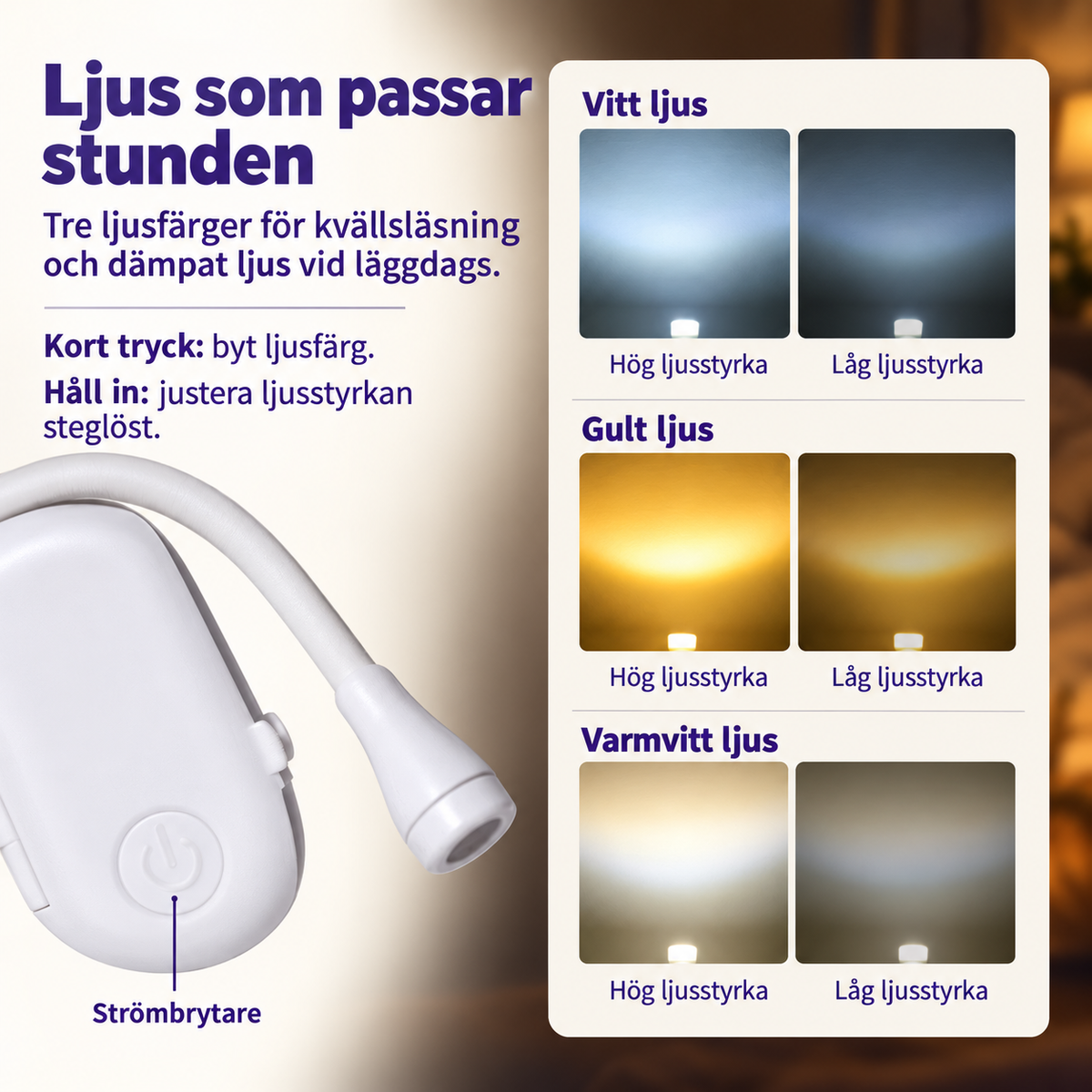 Infografik med tre ljusfärger – vitt gult och varmvitt – och steglös ljusstyrka på vit läslampa