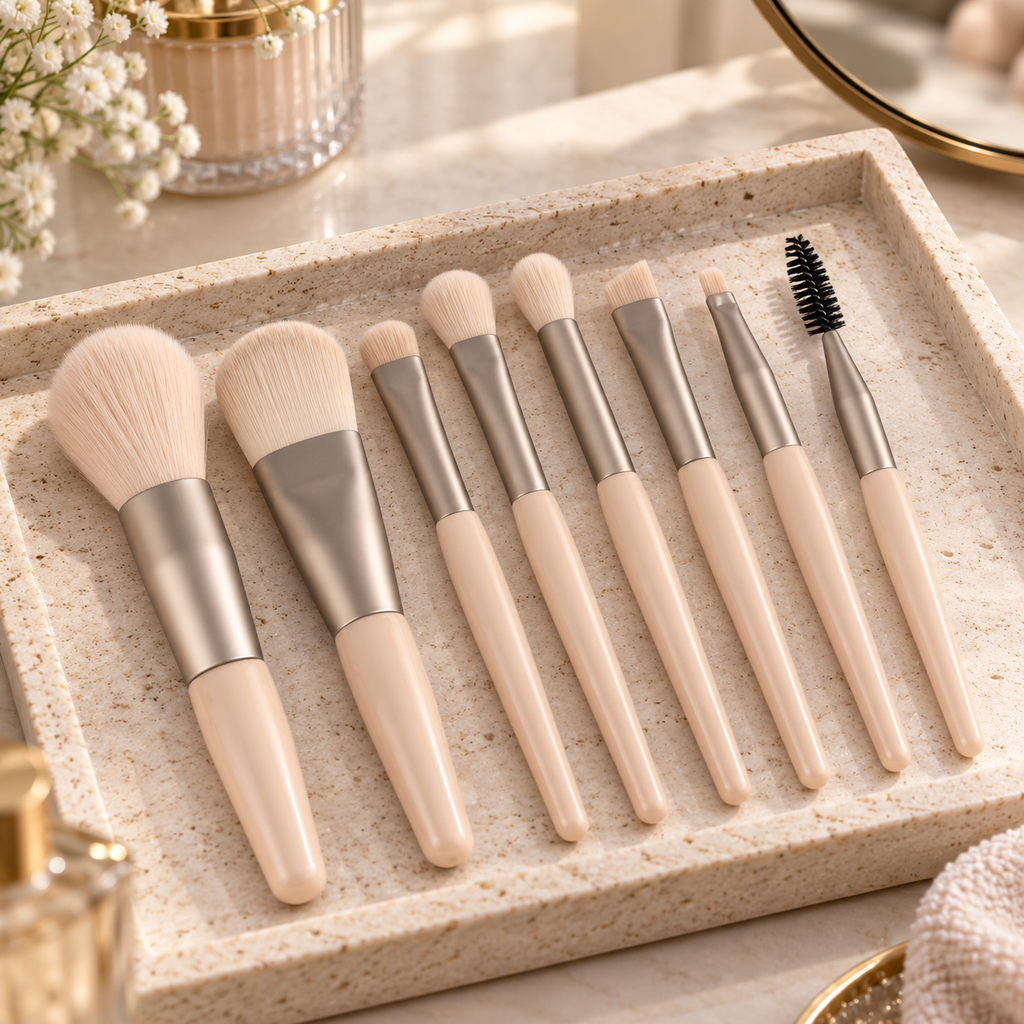 Beige makeupborstar på en bricka bredvid blommor