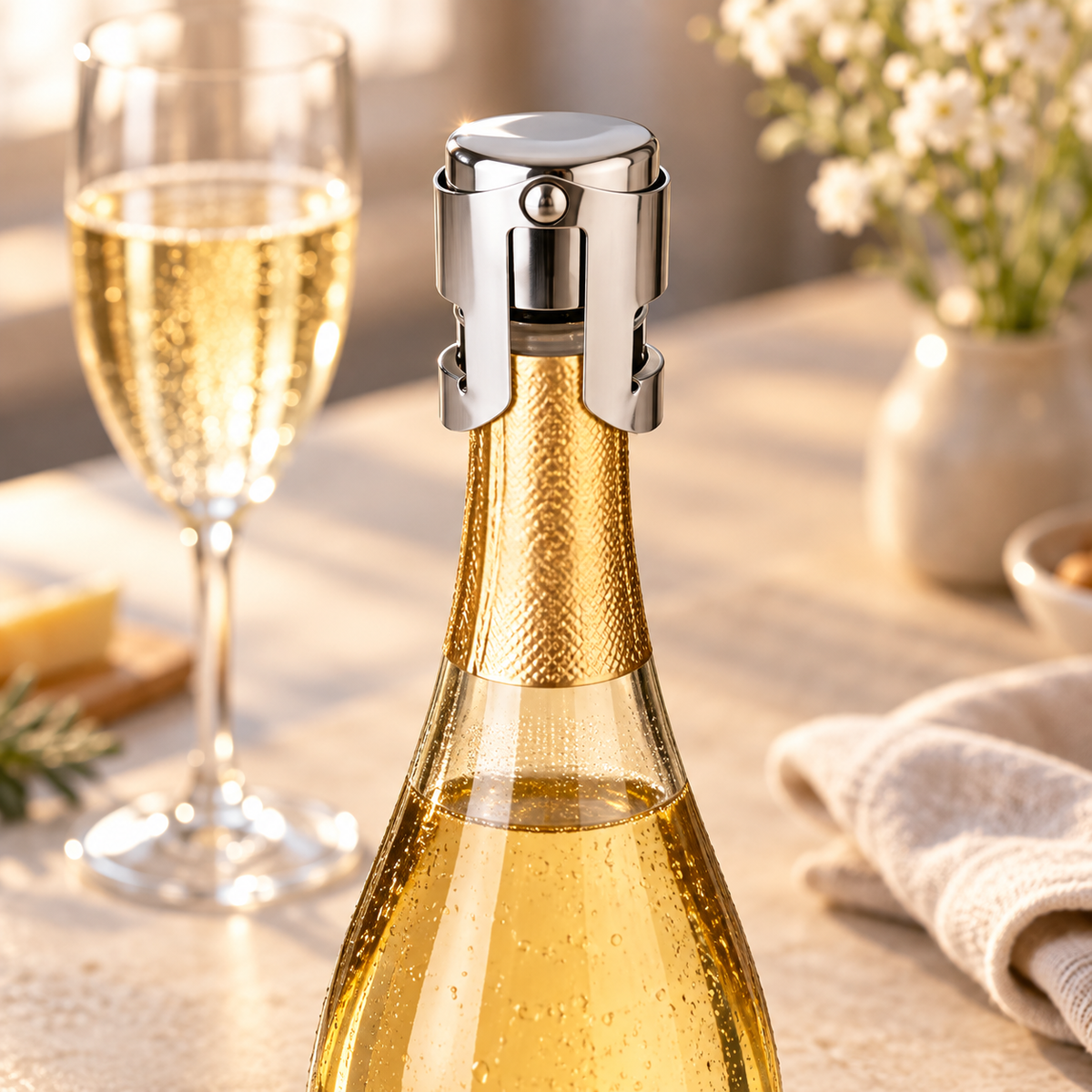 Champagnepropp på flaska bredvid ett glas champagne på bordet