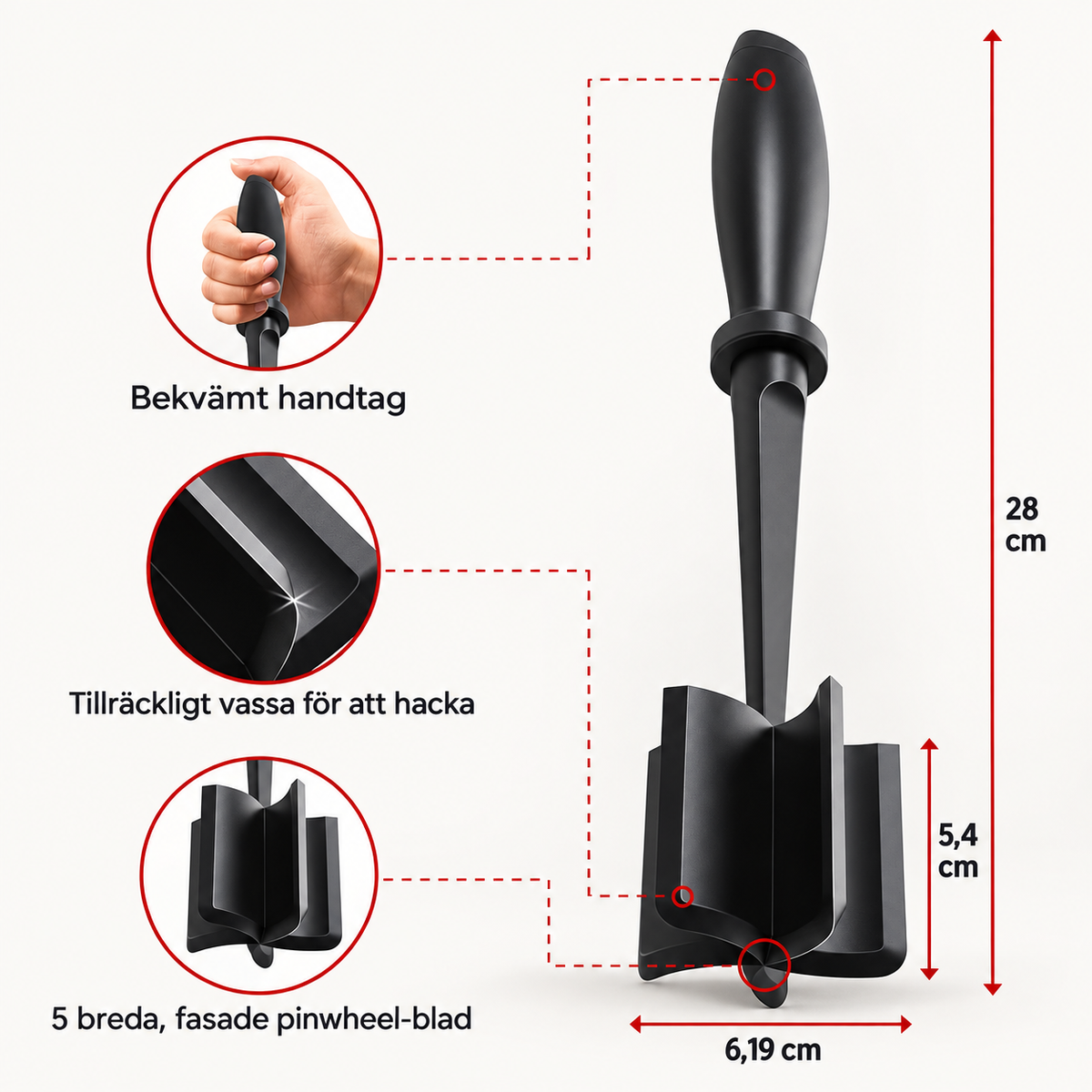 Köttfärskross i användning i stekpanna med köttfärs samt mått 28 cm och 6,19 cm