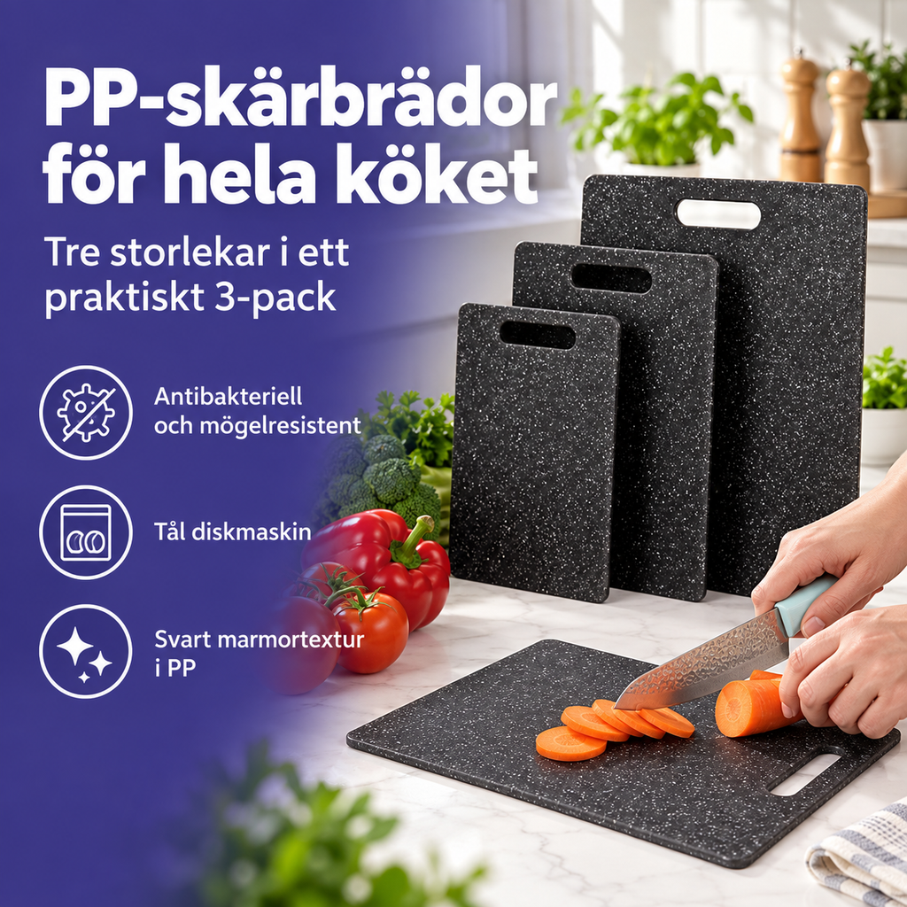 Skärbrädor i marmormönster 3-pack i svart PP-plast