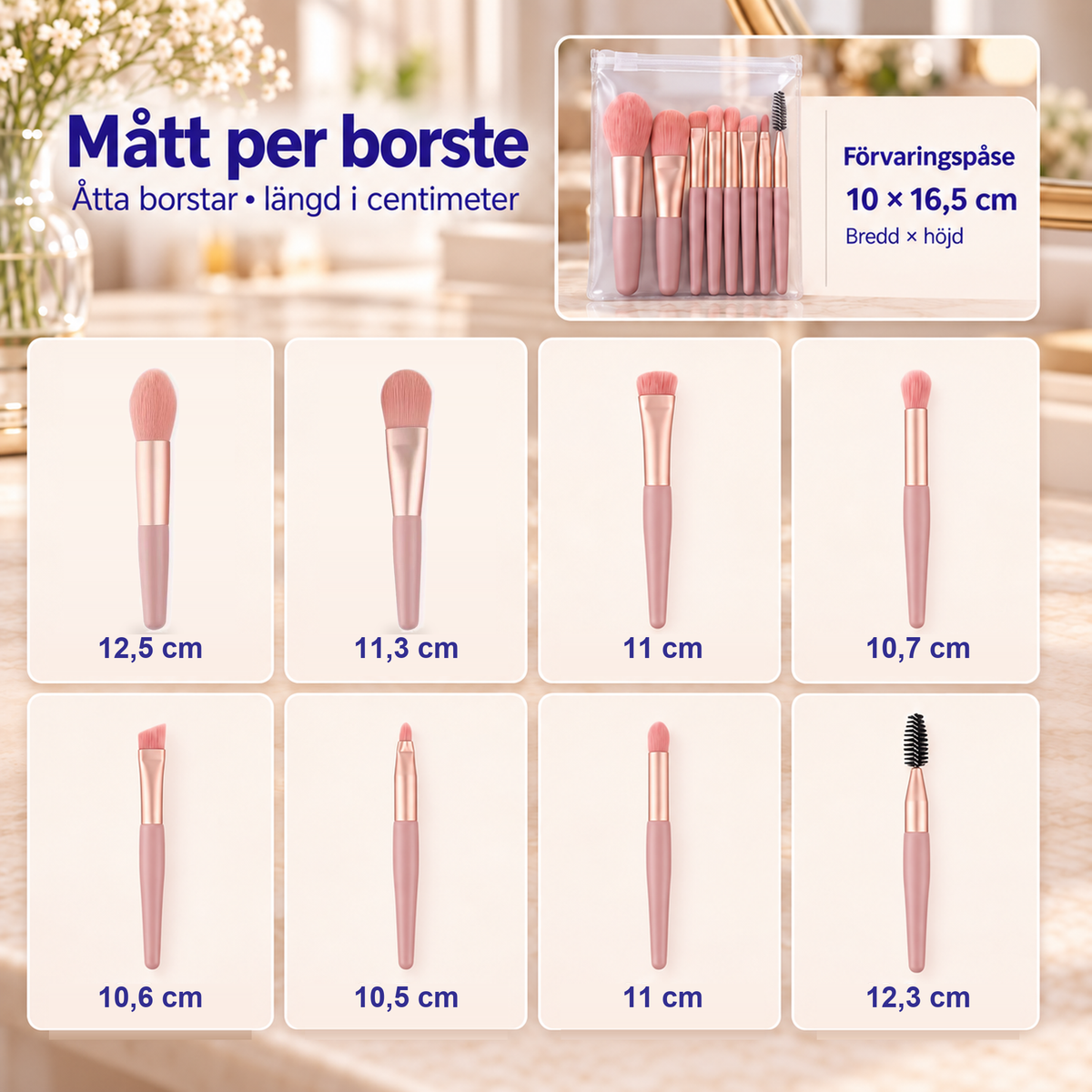 Rosa makeupborstar med mått per borste i centimeter