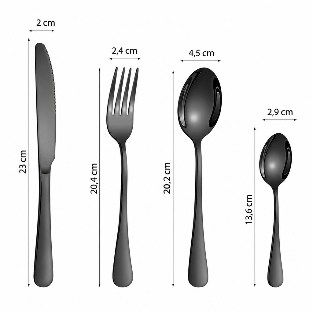 Infografik med mått för kniv, gaffel, sked och tesked i svart bestickset
