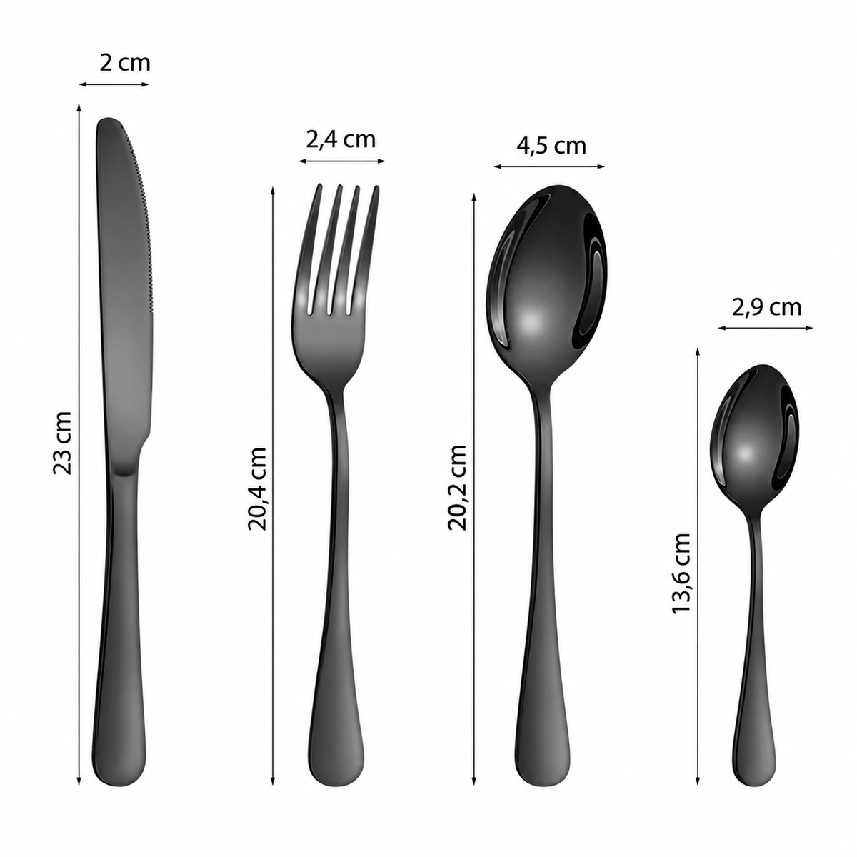 Infografik med mått för kniv, gaffel, sked och tesked i svart bestickset