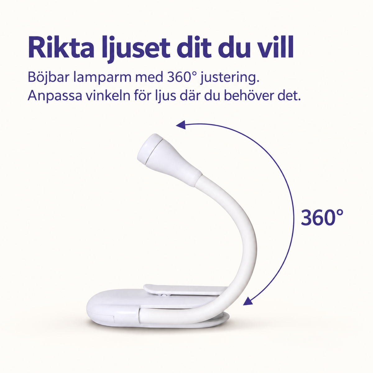 Infografik som visar läslampans böjbara arm med 360° justering