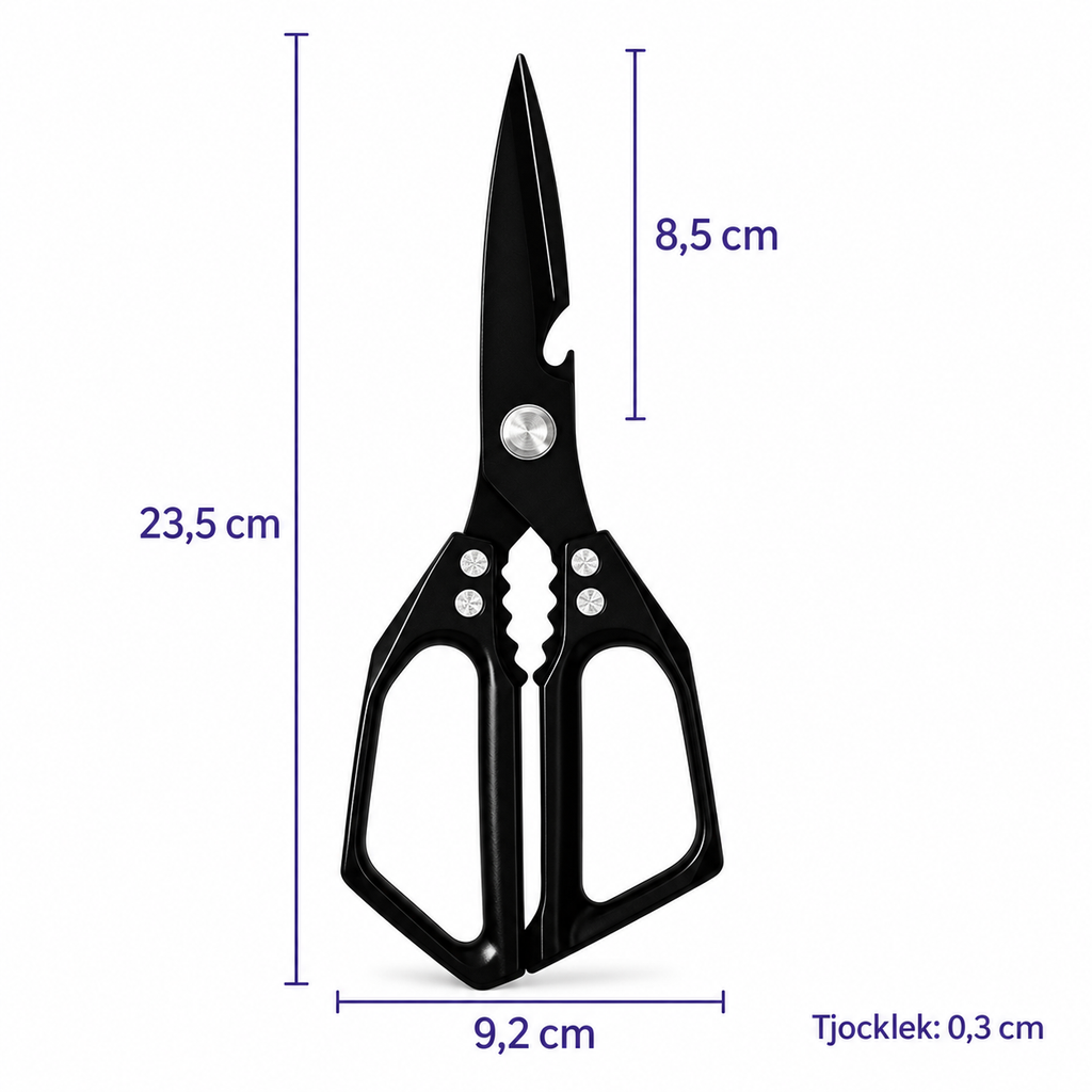 Måttbild för svart kökssax: 23,5 cm lång, 9,2 cm bred och bladet 8,5 cm
