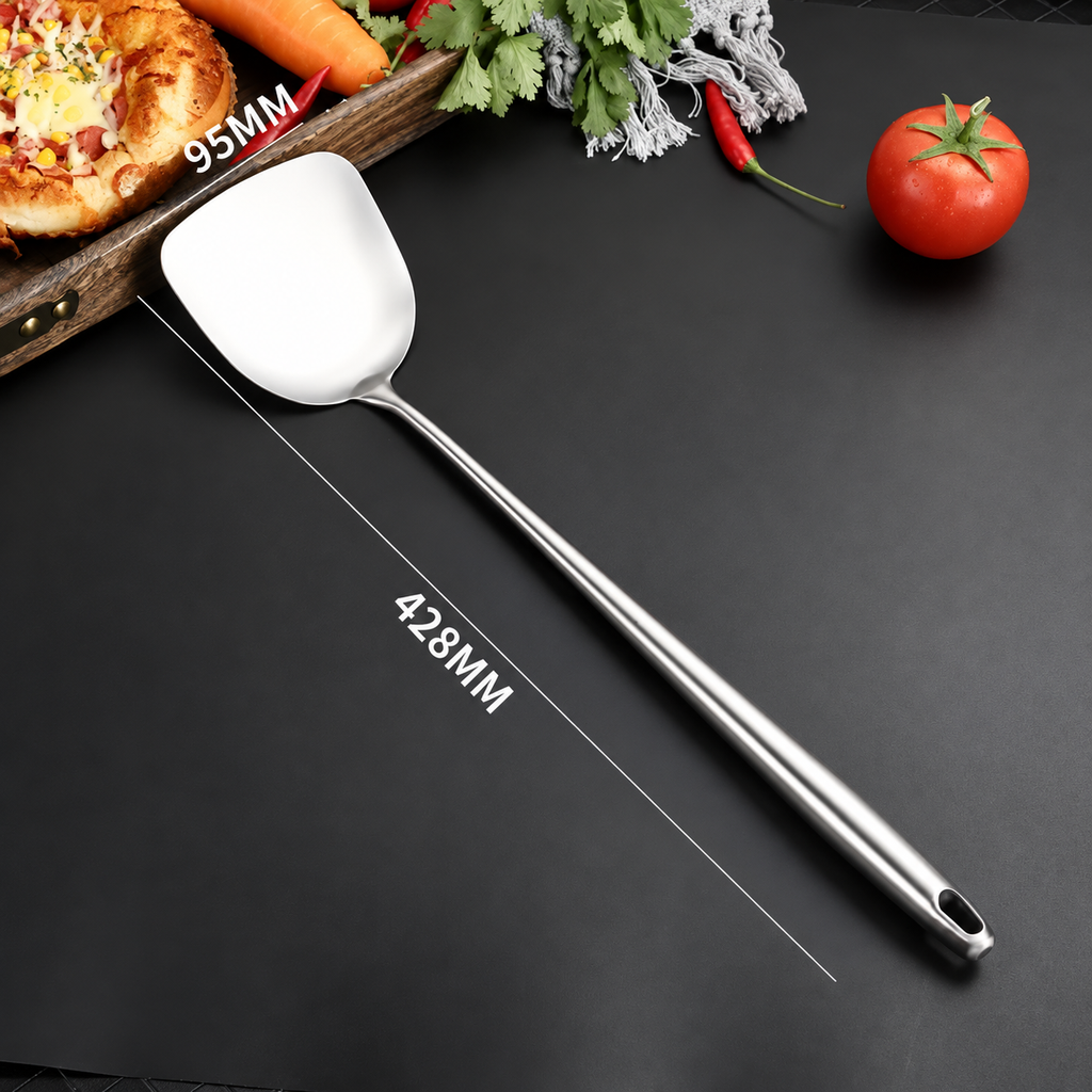 Wokspade i rostfritt stål med brett, platt blad