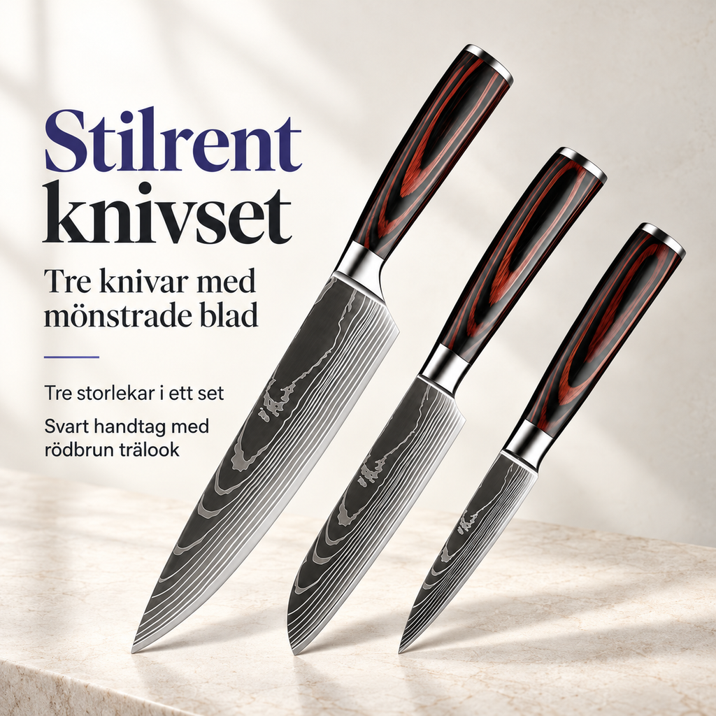 Knivsats med 3 kockknivar i rostfritt stål med trähandtag