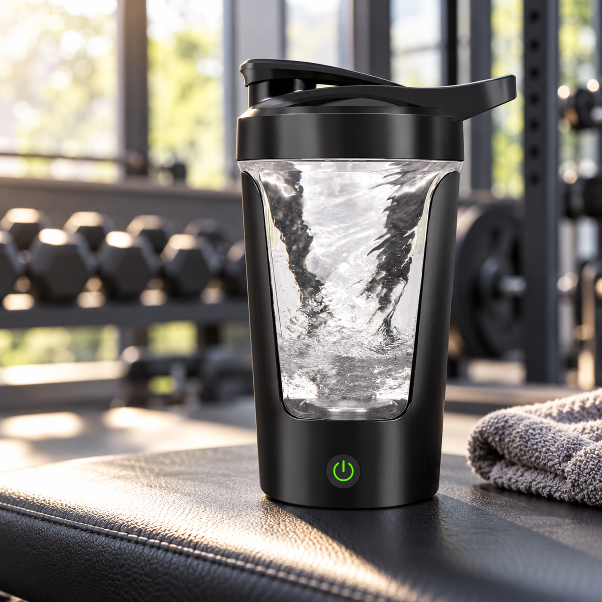 Svart elektrisk proteinshaker på en bänk i ett gym