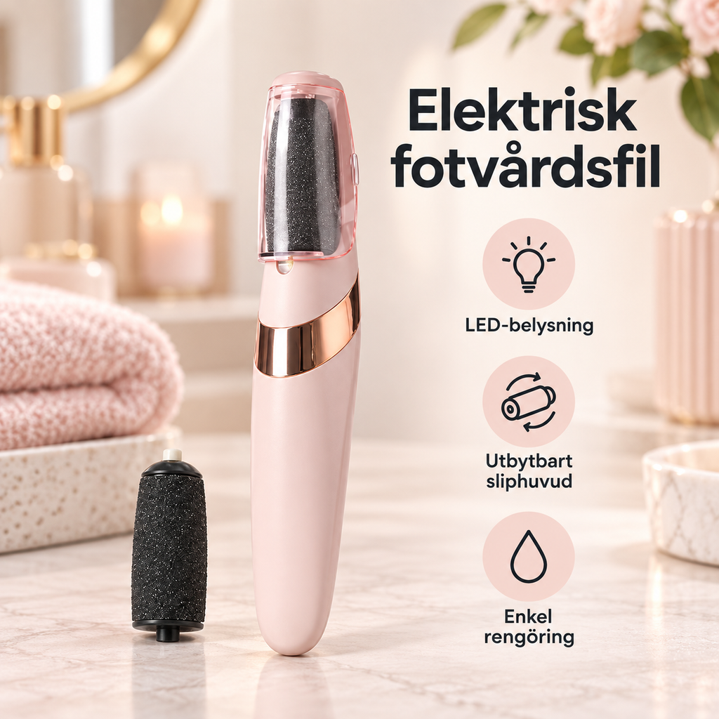 Rosa elektrisk fotvårdsfil med LED-belysning och utbytbart sliphuvud i badrumsmiljö