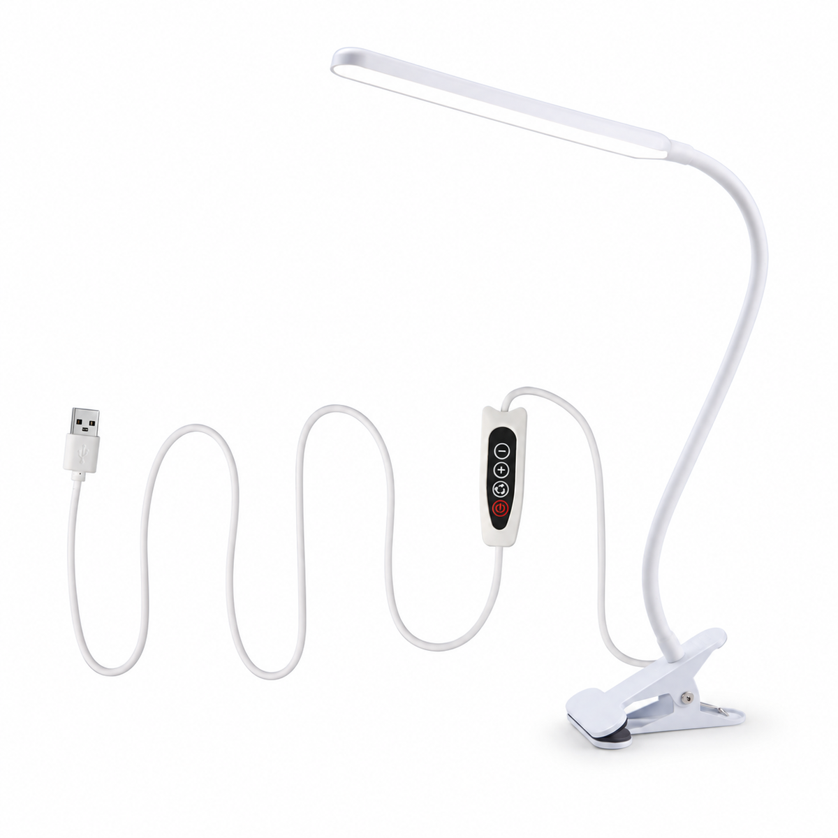 LED clip-on bordslampa i svart på vit bakgrund