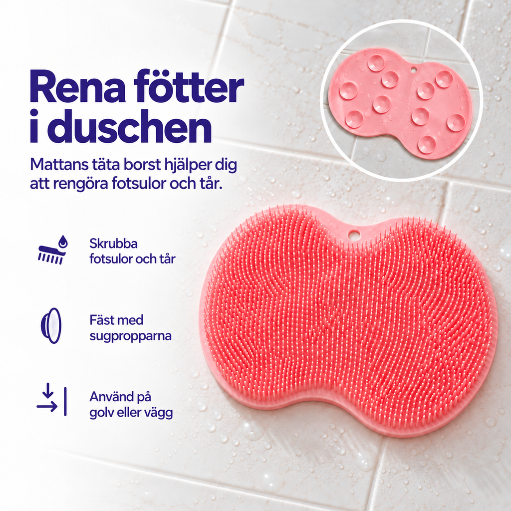 Rosa skrubbmatta för fötter med information om sugkoppar