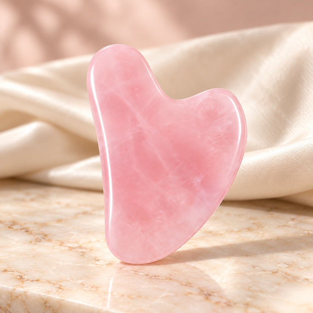 Rosa och grön gua sha i hjärtform framirån på vit bakgrund