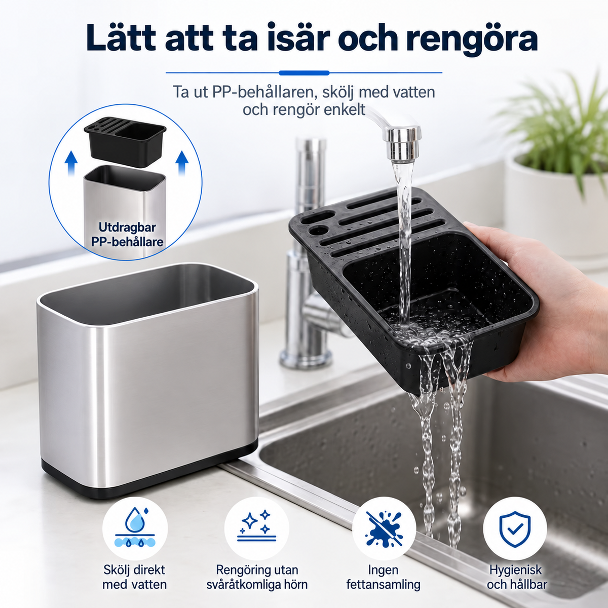 Utdragbar PP-behållare lyfts ur köksorganisatören för rengöring