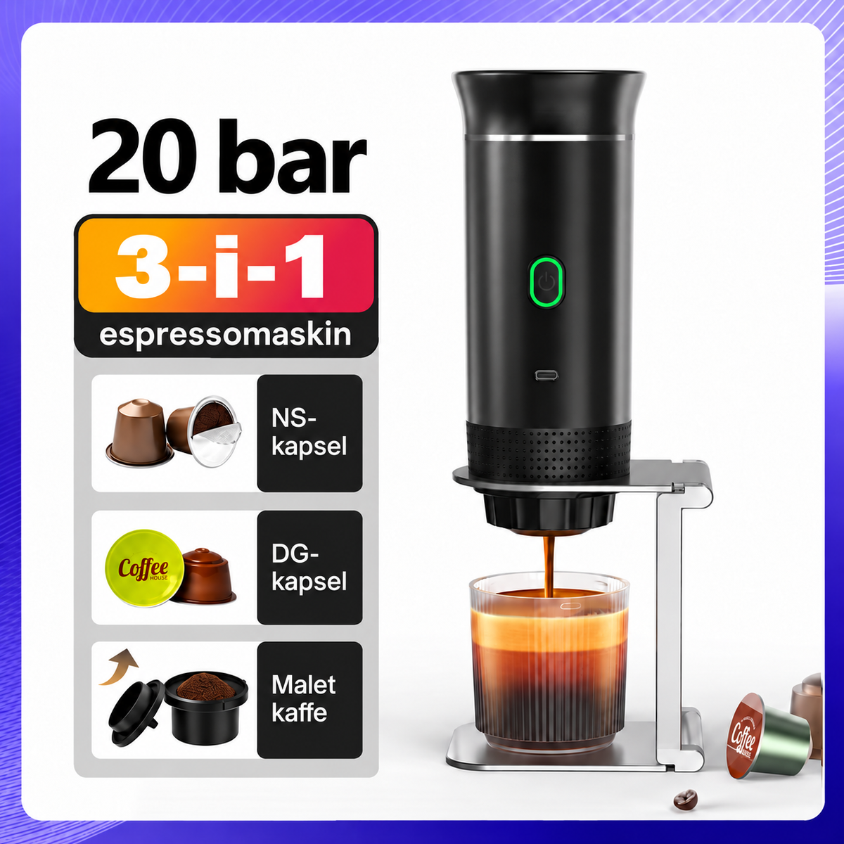 Portabel espressomaskin i svart – 3-in-1 med 20 bar