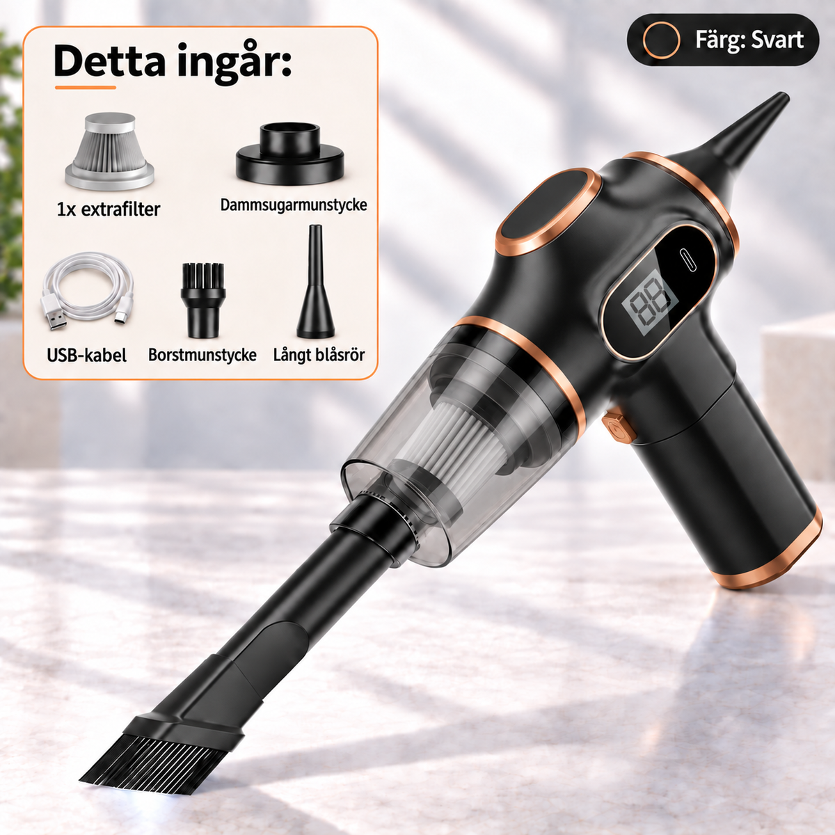 Svart handdammsugare med extrafilter och munstycken samt USB-kabel som ingår