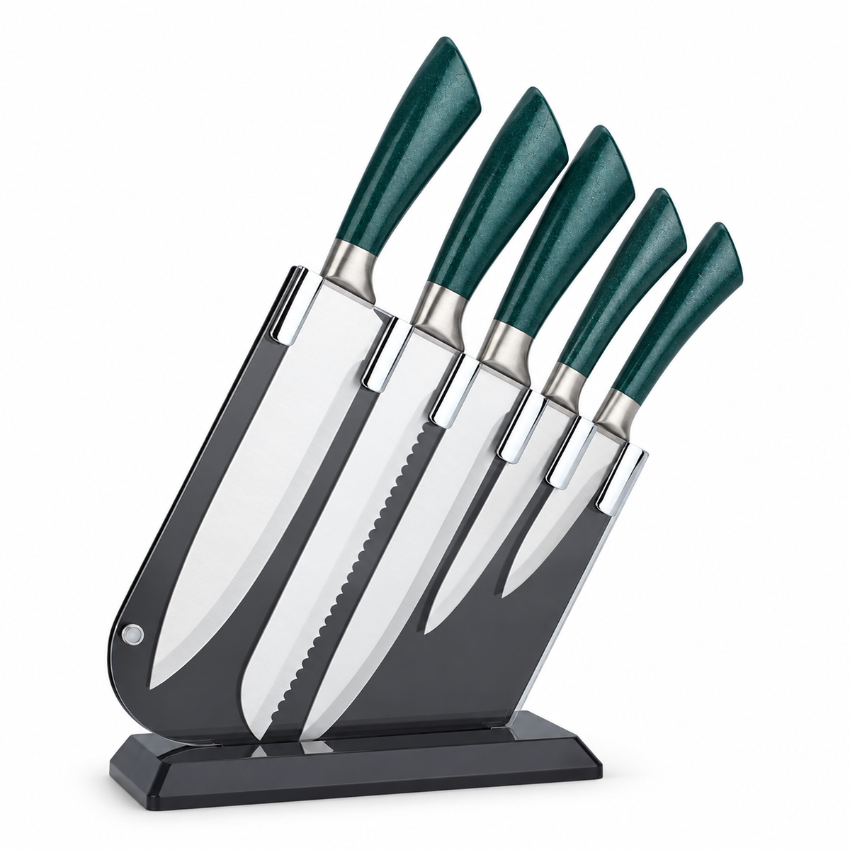 Knivset med gröna handtag i svart knivblock