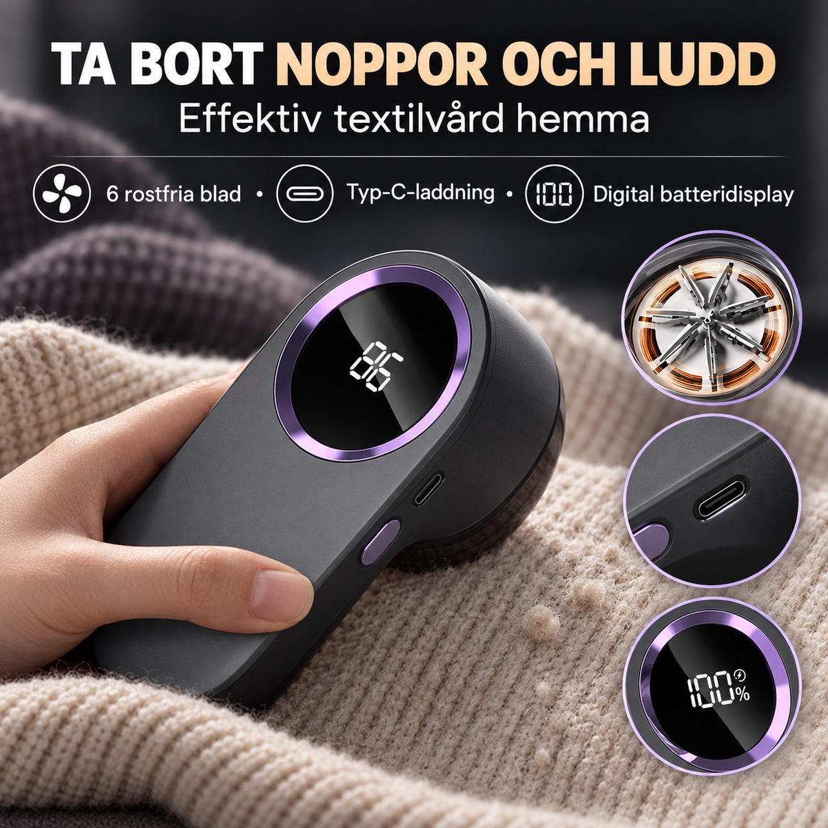 Elektrisk luddborttagare med LED-display i vit
