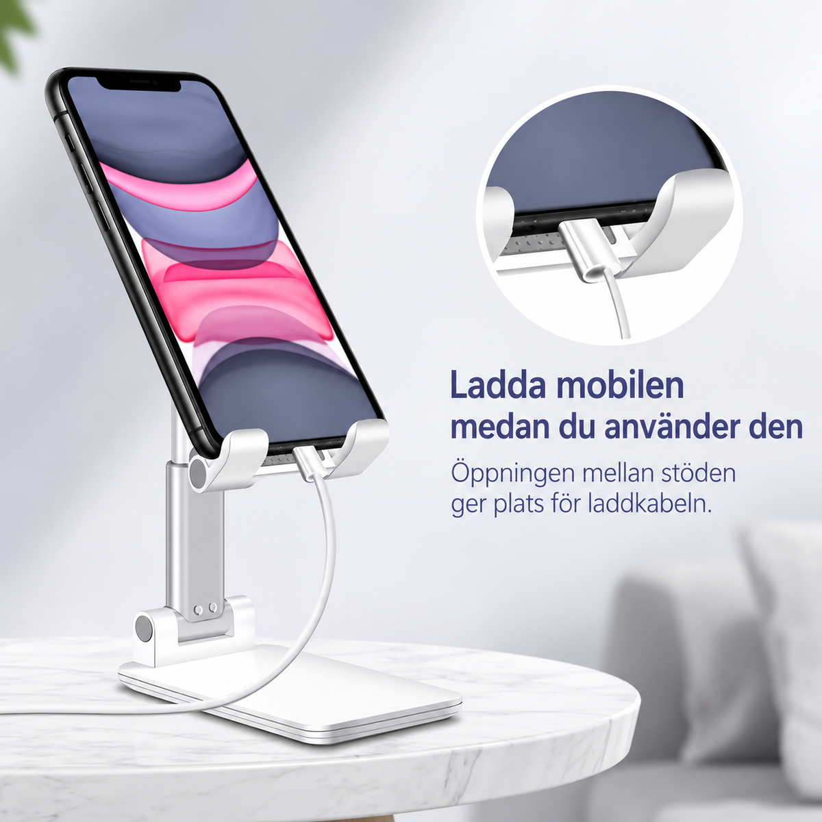 Infografik om öppning för laddkabeln på vitt ställ med mobil som laddas