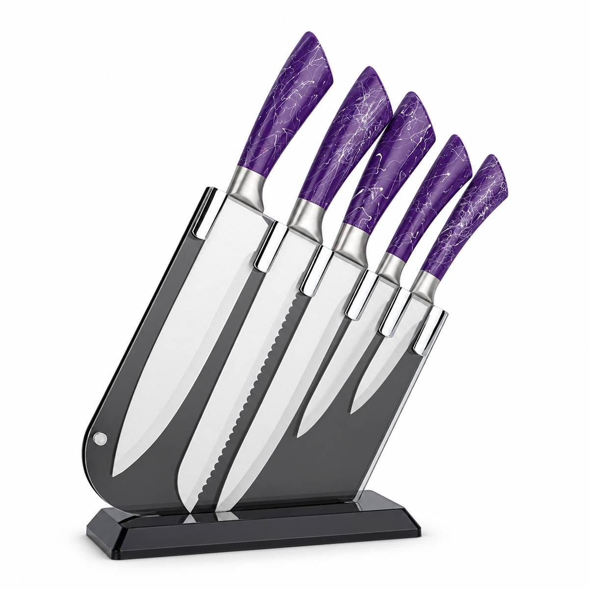 Knivset med lila handtag och knivblock