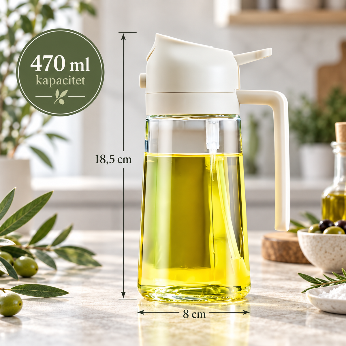 Vit oljeflaska 2-i-1 med måttet 470 ml och 18,5 cm höjd på köksbänk med oliver