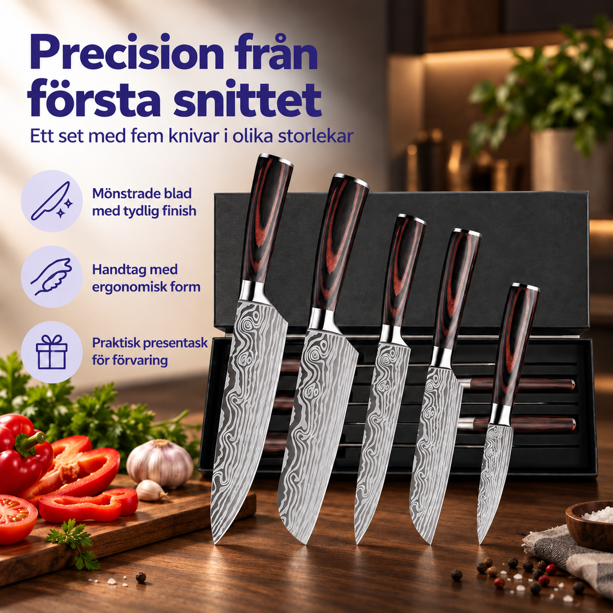 Knivset med fem knivar i olika storlekar i presentask bredvid grönsaker