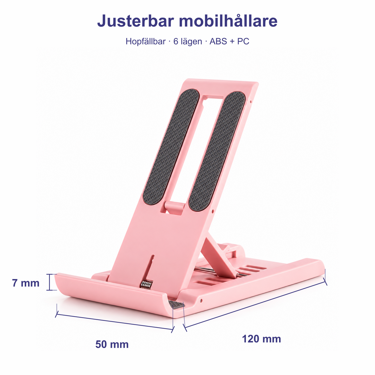 Infografik: hopfällbart mobilställ i ABS och PC med mått 120 × 50 × 7 mm