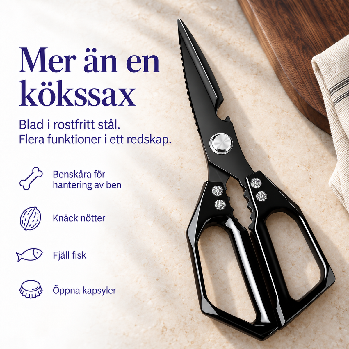 Infografik om svart kökssax med benskåra, nötknäckare, fiskfjällare och kapsylöppnare