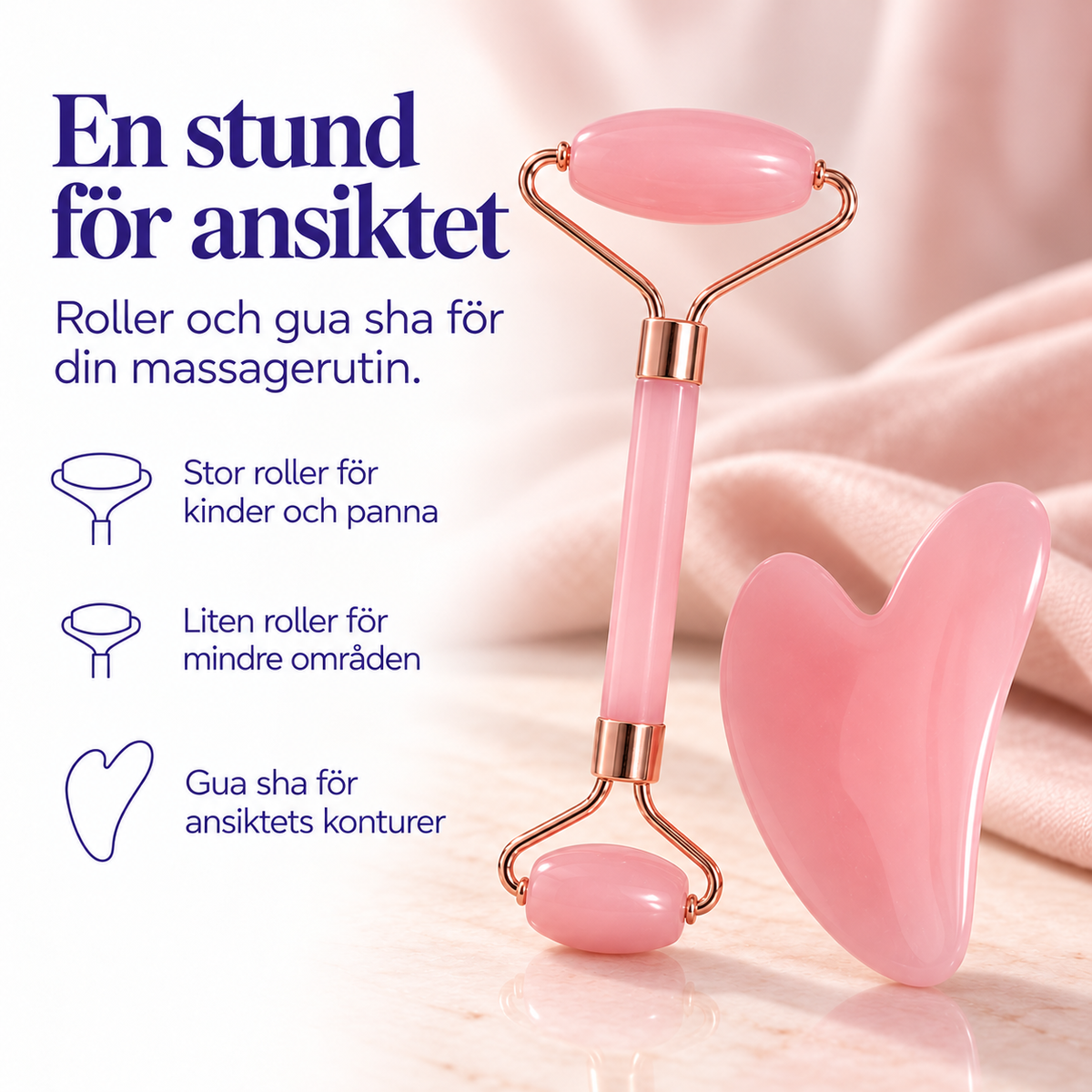 Infografik om ansiktsroller och gua sha med stor roller, liten roller och gua sha för ansiktets konturer