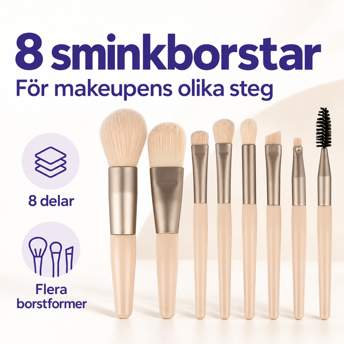 Åtta sminkborstar i beige för olika steg i makeuprutinen