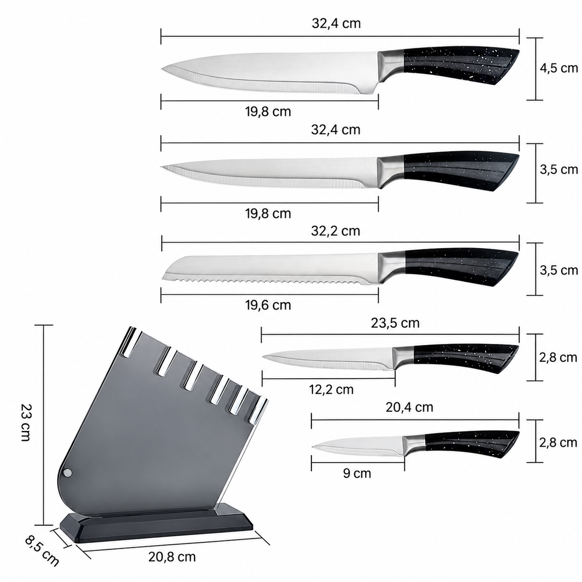 Mått för kockkniv, skivkniv, brödkniv, universalkniv, skalkniv och knivblock