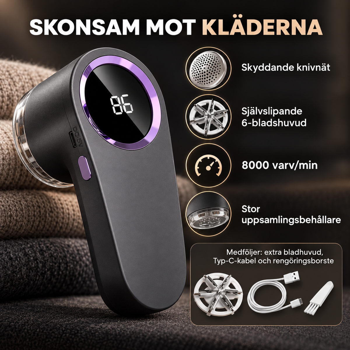 Elektrisk luddborttagare med LED-display i grå