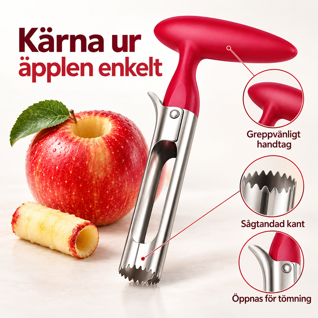 Röd äppelurkärnare med sågtandad kant bredvid ett äpple