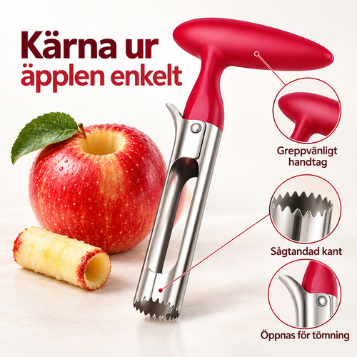 Röd äppelurkärnare med sågtandad kant bredvid ett äpple