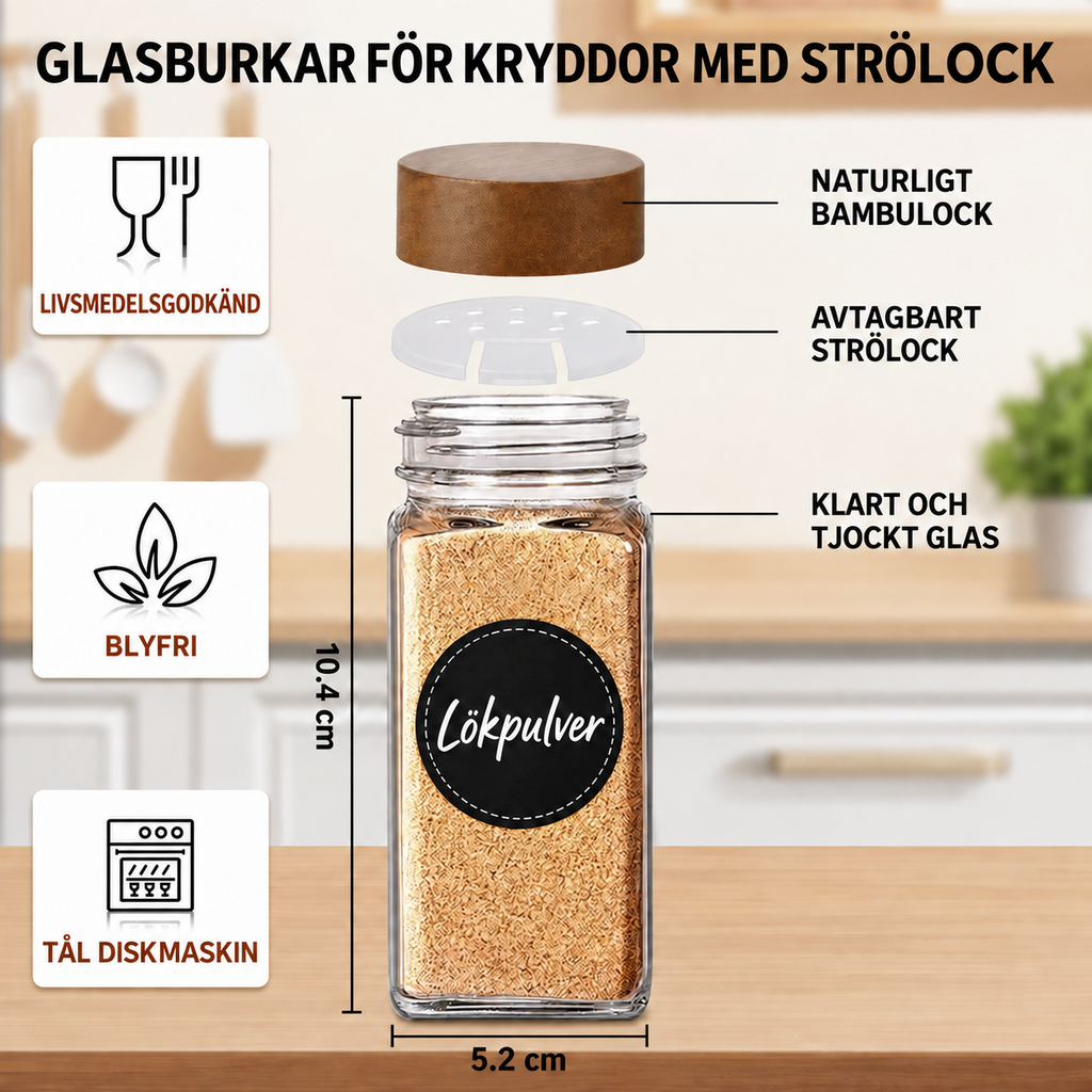 Kryddset med 12 Glasburkar och Bambulock